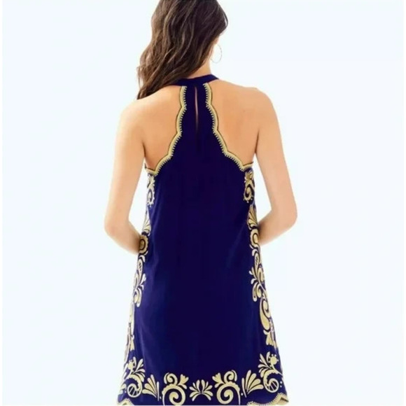 Lilly Pulitzer Quinn Halter Swing Dress Size XXS Navy Blue Gold Embroidery Lined - Picture 7 of 12